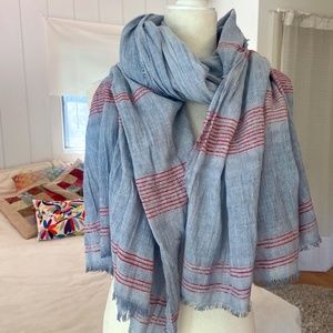Beautiful Denim blue light indigo linen blend summer scarf, red accents
